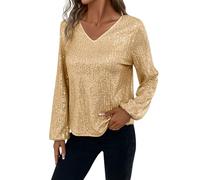 Zeiayuas Sparkling V Neck Sequin T Shirts for Women Evening Tops Ladies Sparkle Oversized Long Sleeve Top Shimmer Glitter T-Shirt Loose Fit Blouse Tunic Going Out Top Gold
