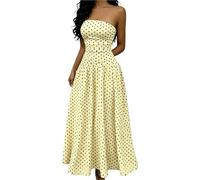 Zeiayuas Summer Bandeau Dress for Women Polka Dot Maxi Dresses Sleeveless High Waisted A Line Flowy Long Dresses Casual Bohemian Tube Beach Long Dress Elegant Boho Ruched Hawaiian Sundress Beige