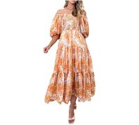 Zeiayuas Summer Bandeau Dress for Women Puff Short Sleeve Ruffle A Line Flowy Maxi Dresses Off Shoulder Casual Bohemian Floral Dresses Tube Beach Long Dress Elegant Boho Ruched Hawaiian Dress Orange