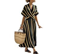 Zeiayuas Summer Dress for Women UK Striped Shirts Dresses Boho Beach Maxi Dresses V Neck Half Sleeve Oversized Tunic Baggy Casual Long Dress Floaty Summer 3/4 Sleeve Sundress for Office Work Yellow