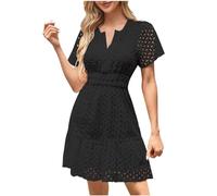 Zeiayuas Summer Dresses for Women UK Clearance V Neck Short Sleeve Eyelet Dress Elegant Plain Mini Dress Bohemian Beach Holiday Midi Dress Elegant Party Flowy Dresses Holiday Vacation Black