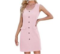 Zeiayuas Summer Dresses for Women UK Knitted Midi Sleeveless V Neck Loose Solid Color Single Breasted Pullover Dress with Pockets Flowy Beach Thick Strap Tank Sundress Pink