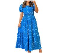 Zeiayuas Summer Dresses for Women UK Retro Puff Sleeve Polka Dot Print Maxi Dress Boho Women's Ruffled Square Neck Smocked High Waist Tiered A Line Flowy Sun Dresses Beach Long Maxi Dress Blue