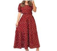 Zeiayuas Summer Dresses for Women UK Retro Puff Sleeve Polka Dot Print Maxi Dress Boho Women's Ruffled Square Neck Smocked High Waist Tiered A Line Flowy Sun Dresses Beach Long Maxi Dress