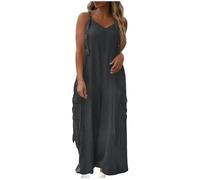 Zeiayuas Summer Dungarees for Women UK Romper Wide Leg Jumpsuit with Big Pocket Loose Fit Beach Vacation Overalls Casual Loose Baggy Fashion Playsuit Trousers Overalls Sling Jumpsuit Dark Gray