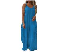 Zeiayuas Summer Dungarees for Women UK Romper Wide Leg Jumpsuit with Big Pocket Loose Fit Beach Vacation Overalls Casual Loose Baggy Fashion Playsuit Trousers Overalls Sling Jumpsuit Blue