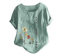Zeiayuas Summer Linen Tops for Women UK Clearance Short Sleeve Floral Tops Elegant Casual Flower Print Loose T-Shirts Spring Fashion Graphic Tee Ladies Button Blouses Tunics Size 16