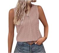 Zeiayuas Summer Tops for Women UK Clearance Hollow Out Sleeveless Tank Top T-Shirt Ladies Elegant V Neck Button Tee Shirts Solid Color Loose Casual Blouse Office Work Tunic Tops Size 8-18