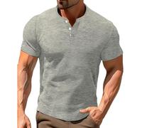 Zeiayuas T Shirts for Men UK Solid Color Cotton Henley Shirts Summer Short Sleeve Crew Neck Tops Solid Color Buttons Basic Tees Casual Slim Comfortable Social Business Shirt