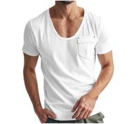 Zeiayuas T Shirts for Men UK Solid Color Deep Round Neck Short Sleeve T-Shirt with Pocket Casual Summer Pullover Regular Fit Tops Lightweight Tops Soft Shirt for Wear Office Dating White