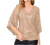 Zeiayuas V Neck Shirts for Women UK Sequin Sparkly Blouse for Party Shiny Shimmer Tunic Top Sexy Elegant Party Costume Half Sleeve Cold Shoulder Blouse Glitter Dressy Clubwear Yellow