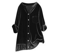 Zeiayuas Velvet Blouses for Women UK Retro Long Sleeve Blouse V Neck Button Down Tunic Top Shirts Elegant Party Club Shirts Loose Fit Vintage Casual Holiday Blouse Plus Size Tops