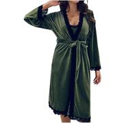 Zeiayuas Velvet Dressing Gown for Women Lace Sexy Dressing Gown Luxury Robe Soft Bathrobe Fluffy Fleece Loungewear Ladies Plush Cozy Bath Robes Winter Warm Nightwear with Belted Green