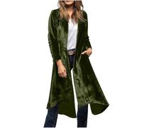 Zeiayuas Velvet Jacket for Women UK Retro Long Sleeve Cardigans Open Front Tunic Top Shirts Elegant Party Club Jackets Loose Fit Vintage Casual Holiday Coats Long Trench Coat with Pocket Green