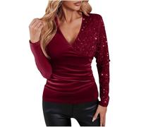 Zeiayuas Velvet Tops for Women Ladies Sequin Velvet Wrap Top Sexy V Neck Long Sleeve Shirts Solid Basic Undershirts Sparkling Velour Base Layer Blouse Plain Slim Fit Tee Shirts Wine