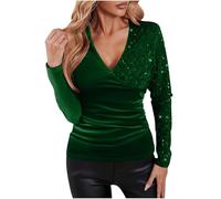 Zeiayuas Velvet Tops for Women Ladies Sequin Velvet Wrap Top Sexy V Neck Long Sleeve Shirts Solid Basic Undershirts Sparkling Velour Base Layer Blouse Plain Slim Fit Tee Shirts Green