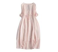 Zeiayuas Vintage Linen Dresses for Women UK Cotton Linen Maxi Dresses Lace Up Round Neck Half Sleeve Dress Pleated Boho Beach Holiday Dress Summer Casual Tunic Elastic Waist Tie Long Sundress