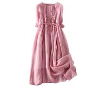 Zeiayuas Vintage Linen Dresses for Women UK Cotton Linen Maxi Dresses Lace Up Round Neck Half Sleeve Dress Pleated Boho Beach Holiday Dress Summer Casual Tunic Elastic Waist Tie Long Sundress