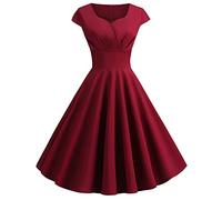 Zeiayuas Women 1950s Audrey Hepburn Tea Dress Vintage Rockabilly Dress A Line Swing Cocktail Party Dress Plain Short Sleeve Retro Dresses Swing Flowy Pleated Dance Gown Wine