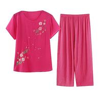 Zeiayuas Women 2 Piece Pyjamas Sets Short Sleeve T Shirt and Wide Leg Trousers Linen Set Loungewear Oversized Soft Loung Wear Sets Loose Fit Summer Activewear Floral Sleepwear Plus Size 20