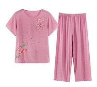 Zeiayuas Women 2 Piece Pyjamas Sets Short Sleeve T Shirt and Wide Leg Trousers Linen Set Loungewear Oversized Soft Loung Wear Sets Loose Fit Summer Activewear Floral Sleepwear Plus Size 20