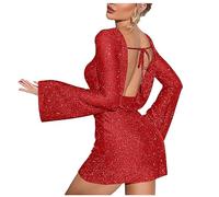 Zeiayuas Women Backless Mini Dress Sparkly Sequin Short Pullover Dress Y2k Long Sleeve Hollow Out Bodycon Club Dress Glitter Glitter Evening Dress for Ladies UK Red