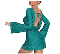 Zeiayuas Women Backless Mini Sparkly Sequin Short Pullover Long Sleeve Hollow Out Bodycon Club Glitter Evening Dress in UK Green