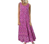 Zeiayuas Women Boho Beach Dress Cotton Linen Dresses Sleeveless Vintage Floral Print Sundress Ladies Casual Summer Boho Maxi Dress Elegant Smocked Beach Long DressParty Dress Plus Size 22