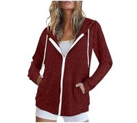Zeiayuas Women Cardigans Knitted Jacket Zip up Hoodie Long Sleeve Hooded Sweatshirt with Pockets Ladies Winter Warm Jackets Vintage Ribbed Knit Coat Lounge Wear Soft Casual Loungewear Sportswear Wine