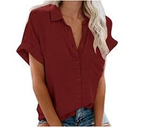 Zeiayuas Women Casual Blouse Clearance Short Sleeve Button Down Shirts Ladies Elegant Office Work Blouses Solid Color T-Shirt Loose Fit Tunic Tops Turn-Down Collar Blouse