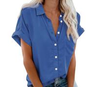 Zeiayuas Women Casual Blouse Clearance Short Sleeve Button Down Shirts Ladies Elegant Office Work Blouses Solid Color T-Shirt Loose Fit Tunic Tops Turn-Down Collar Blouse