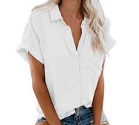 Zeiayuas Women Casual Blouse Clearance Short Sleeve Button Down Shirts Ladies Elegant Office Work Blouses Solid Color T-Shirt Loose Fit Tunic Tops Turn-Down Collar Blouse