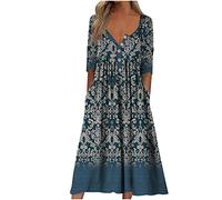 Zeiayuas Women Casual Elegant Dress Sale Summer Boho Midi Dress Vintage Floral Print V-Neck Half Sleeve Button Long Dress with Pocket Bohemian Loose Dress Cocktail Holiday Beach Dress Ladies UK
