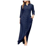 Zeiayuas Women Denim Dress Button Down Shirt Dresses Casual Vacation Beach Pockets Long Dress Plus Size Casual Long Sleeve Dress Ladies Summer Sundress Beach A Line Tunic Dress