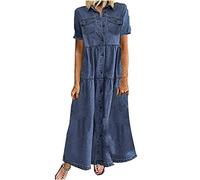 Zeiayuas Women Denim Dress Clearance Button Down Shirt Dresses Summer Casual Vacation Beach Pockets Long Dress Plus Size Casual Short Sleeve Dress Ladies Plus Size Sundress Beach A Line Tunic Dress