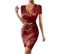 Zeiayuas Women Elegant Dress Wrap V Neck Party Dress Sexy Ruched Short Sleeve Cocktail Mini Dress High Waist Slit Evening Dress Clubbing Prom Dress Ladies Wedding Guest Dresses Red