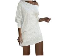 Zeiayuas Women Elegant Formal Sequins Dresses Wrap Off Shoulder Long Sleeves Midi Bodycon Party Dress Sparkly Glitter Evening Dress Elegant Disco Club Prom Ball Gowns Ladies Cocktail Clubwear White