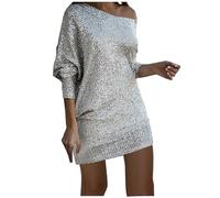 Zeiayuas Women Elegant Formal Sequins Dresses Wrap Off Shoulder Long Sleeves Midi Bodycon Party Dress Sparkly Glitter Evening Dress Elegant Disco Club Prom Ball Gowns Ladies Cocktail Clubwear Silver