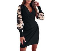 Zeiayuas Women Evening Dress Elegant Bridesmaid Long Sleeve Mesh Floral Bodycon Ruched Party Cocktail Wedding Guest Mini V Neck Bandage Prom Ball Gowns
