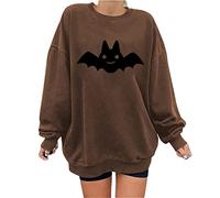 Zeiayuas Women Halloween Sweatshirt Pumpkin Bat Printed Round-Neck Long Sleeves Pullover Casual Tunic Tops Fall Winter Jumper Loose Fit Oversize Sweatshirt Casual Orange Top S-XXL