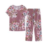 Zeiayuas Women Linen Set 2 Piece Tracksuits Short Sleeve Top and Wide Leg Trousers Oversized Soft Loungewear Loose Fit Summer Pyjamas Sets Activewear Floral Print Lounge Wear Set Plus Size Pajama
