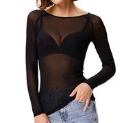 Zeiayuas Women Long Sleeves Sheer Mesh Tops Black Stretchy Sheer T Shirts See Through Slim Fit Mesh Crew Neck Stretchy Blouse