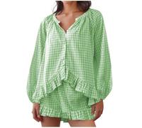 Zeiayuas Women Plaid Loungewear Sets Loose Pyjamas Long Sleeve Button Down Shirts Baggy Shorts Outfits Soft Comfort Nightwear Casual Ruffle Lounge Wear Checkered Pajamas Sets Sleepwear Green