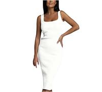 Zeiayuas Women Ribbed Knit Dress Bodycon Sleeveless Square Neck Midi Dresses Sexy Slim Fit Wrapped Dresses Evening Wedding Guest Dress Dinner Dance Party Elegant Dress Clubwear Sale Clearance White