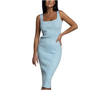 Zeiayuas Women Ribbed Knit Dress Bodycon Sleeveless Square Neck Midi Dresses Sexy Slim Fit Wrapped Dresses Evening Wedding Guest Dress Dinner Dance Party Elegant Dress Clubwear Sale Clearance Blue