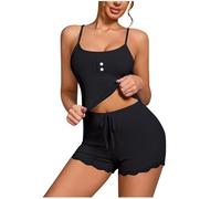 Zeiayuas Women Ribbed Pajamas Set Ladies Sleepwear Sexy Lingerie Lace Trim Sleeveless Cami Vest Tops Shorts Loungewear Set Sling Strap Nightwear Rib Knitted Pjs Solid Color Homewear Black
