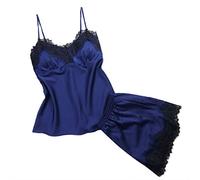Zeiayuas Women Satin Pajamas Set Ladies Sleepwear Sexy Lingerie Lace Trim V Neck Cami Vest Tops Shorts Loungewear Set Sleeveless Strap Nightwear Silk Pjs Solid Color Homewear Clearance Navy