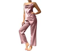 Zeiayuas Women Satin Pajamas Set Ladies Sleepwear Sexy Lingerie V Neck Cami Vest Tops Wide Leg Pants Loungewear Set Sleeveless Strap Nightwear Silk Pjs Solid Color Homewear Sale Clearance Pink