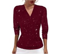 Zeiayuas Women Sequin Tops Sparkle Blouses Shimmer Glitter Shirts Long Sleeve V Neck Tshirts Loose Fit Elegant Tee Shirt Party Club Wear Ladies Casual Soft Comfy Workout Tees Going Out Top Wine