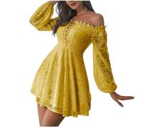 Zeiayuas Women Sexy Low Cut Mini Dress Off Shoulder Backless Dresses Lace Fairy A Line Dress Bodycon Corset Party Dress Lantern Sleeve Front Tie Pleated Dresses Yellow